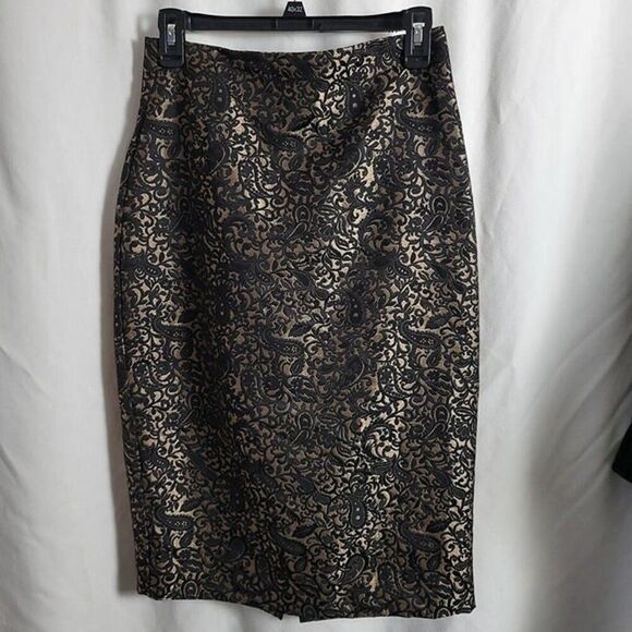 Worthington sz 4 Lace Overlay gold Pencil Skirt black gold zip up vintage EUC - Picture 1 of 8